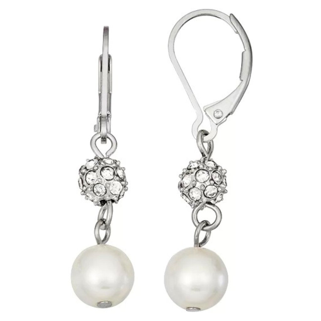 Vera Wang Romantic Silver White Pearl/Crystal Disco Ball Drop Earrings**New!